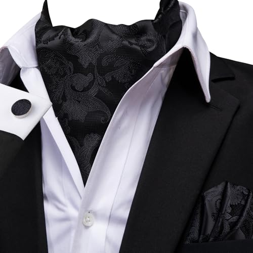 Dubulle Paisley Floral Ascot for Men Self Tie Mens Cravat and Pocket Square Cufflinks Wedding,Black - Image 3