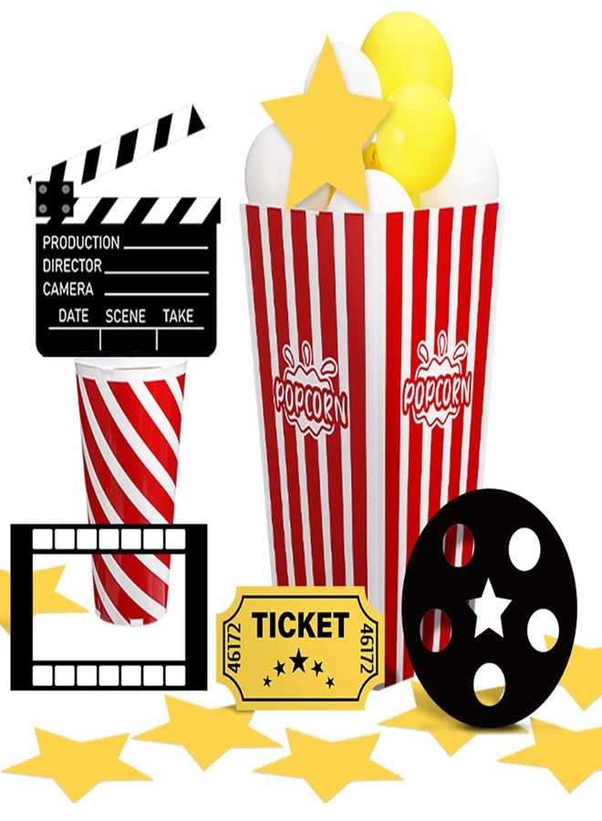 Weekgrat 38 Pcs Movie Night Decorations Popcorn Box with Balloons 3D Fake Drink Bucket Movie Clapboard Film Strip Photo Frame VIP Card Star for Theater Birthday Theme Party Decoration - Image 1