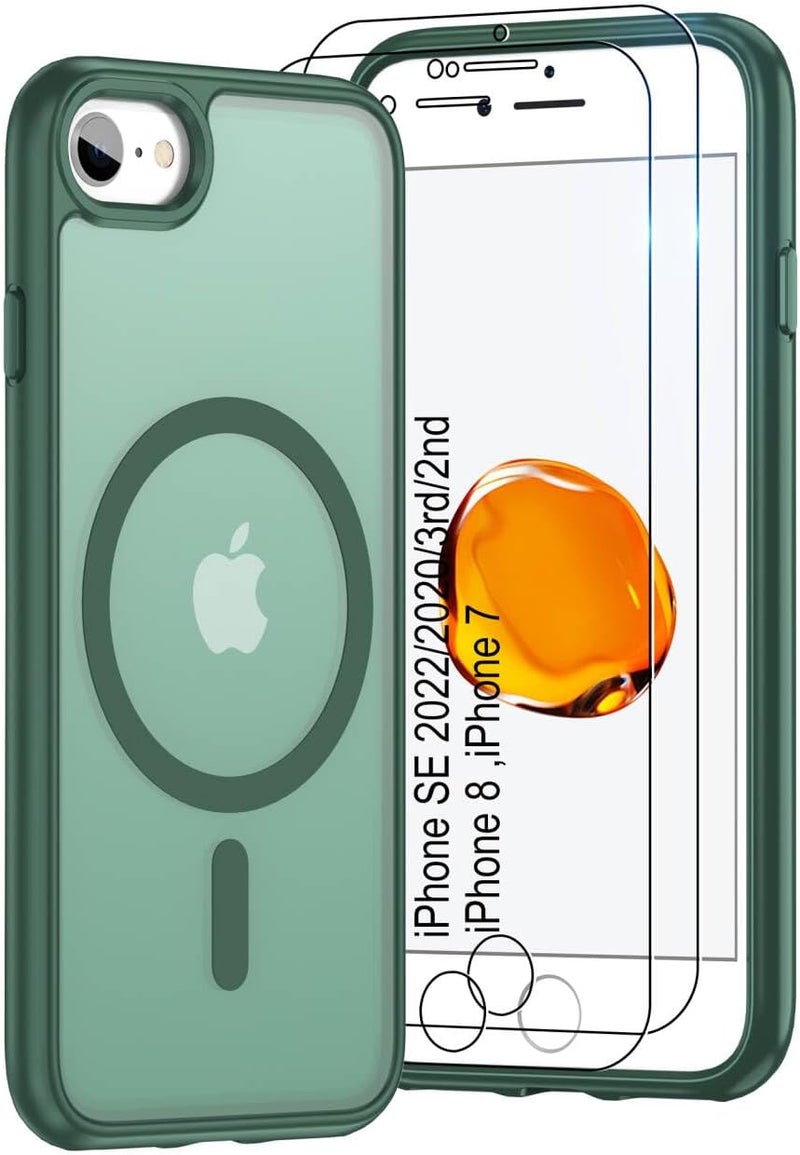 Pilaru Magnetic Case for iPhone 7/8 & SE 2022/2020(3rd/2nd)[Compatible with MagSafe] 2 Screen Protector | Anti- Fingerprint, Shockproof, Skin-friendly Slim Fit Translucent for iPhone SE-Dark Green - Image 1