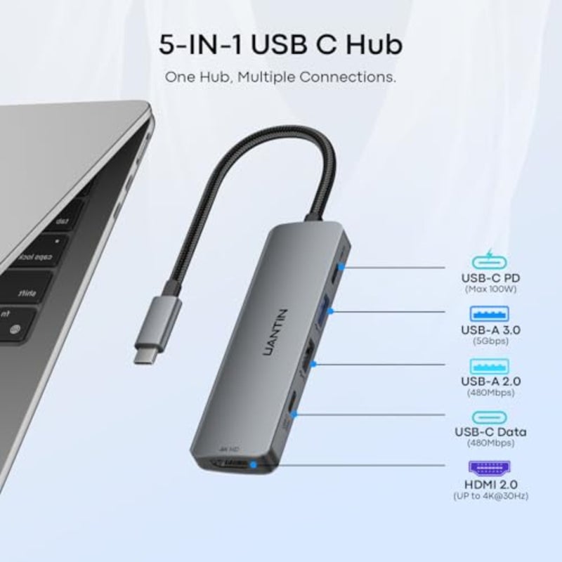 USB C Hub Multiport Adapter 5 in 1, 4K USBC to HDMI Dongle with 100W PD, 5Gbps USB-A 3.0, USB-C Data, USB C Splitter Docking Station for MacBook Neo/Pro/Air, iPad, XPS, Surface Laptop - Image 2