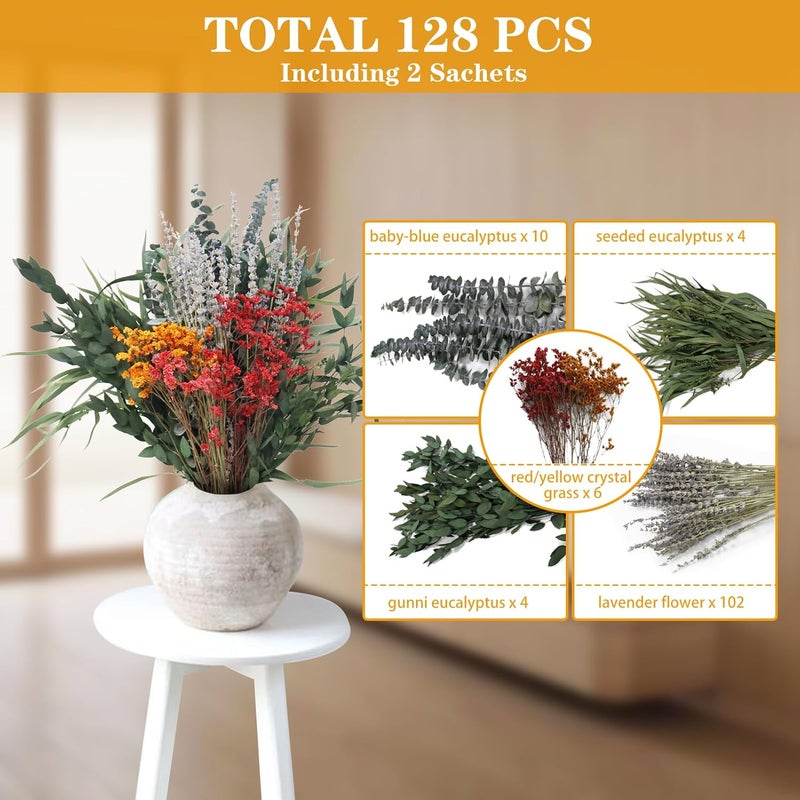 Pasuvsigt 128 Pcs Mixed Real Dried Eucalyptus Stems, 100% Natural Preserved Eucalyptus Leaves with Lavender & Rose Flower Sachet Bundles, Greenery for Hanging Shower, Plant Fragrance, Wedding Decor - Image 5