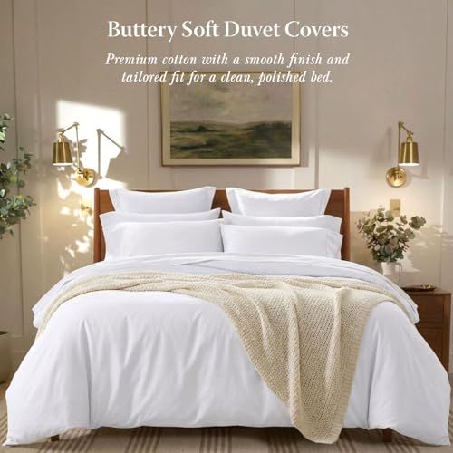 Threadmill White Cotton Duvet Cover Queen Size, Breathable Comforter Cover, Soft 1-Piece Cotton Queen Duvet Cover Hotel Style Light Weight with Strong Button Closure & Corner Ties, Fits Full Duvet - Image 2