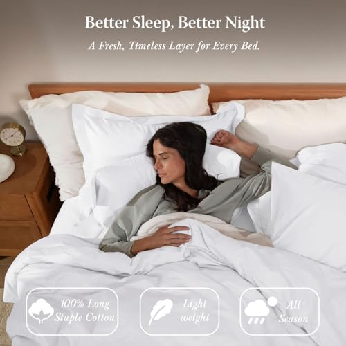 Threadmill White Cotton Duvet Cover Queen Size, Breathable Comforter Cover, Soft 1-Piece Cotton Queen Duvet Cover Hotel Style Light Weight with Strong Button Closure & Corner Ties, Fits Full Duvet - Image 3