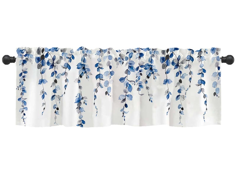 debraleye Watercolor Blue Leaves Window Valance For Bedroom Living Room Grey Leaf Vine Plant Curtains Valanes For Windows 3"" Rod Pocket Window Treatment For Season Home Decorations 54 X 18 Inch 1 Panel - Image 1