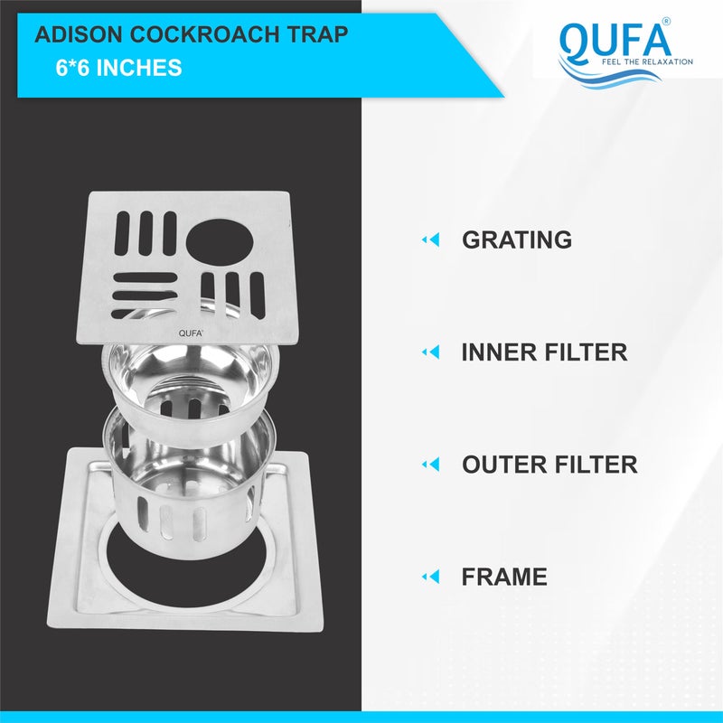 QUFA® Floor Drain | 304-Grade Stainless Steel Drain Jali 2 Types of inches Floor Drainer with Cockroach Trap (Adison, 6X6 INCH) - Image 4