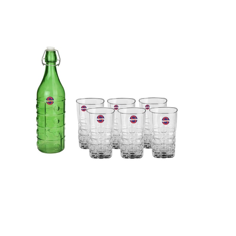 Somil Glass and Bottle Water Other Hot Cold Beverage Serving Set for Home Bar Restaurant 6 Glasses 1 Lt Bottle Green Transparent - Image 1