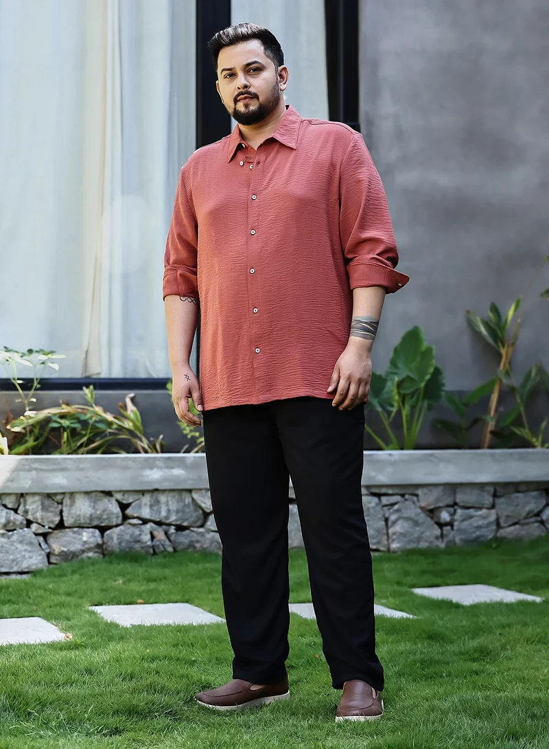 Instafab Plus Instafab Plus Men's Coral Orange Breezy Wrinked Shirt For Casual Wear | Spread Collar | Long Cuffed Sleeves | Button Closure | Plus Size Shirt Crafted With Comfort Fit For Everyday Wear