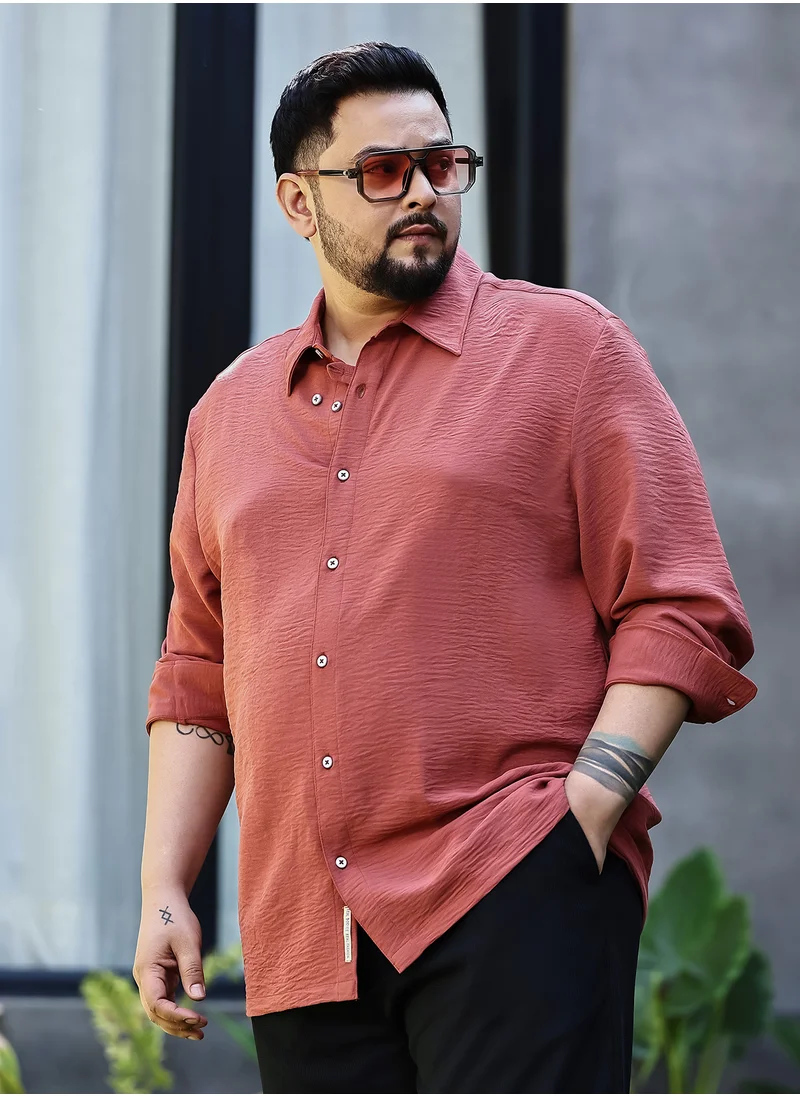 Instafab Plus Instafab Plus Men's Coral Orange Breezy Wrinked Shirt For Casual Wear | Spread Collar | Long Cuffed Sleeves | Button Closure | Plus Size Shirt Crafted With Comfort Fit For Everyday Wear