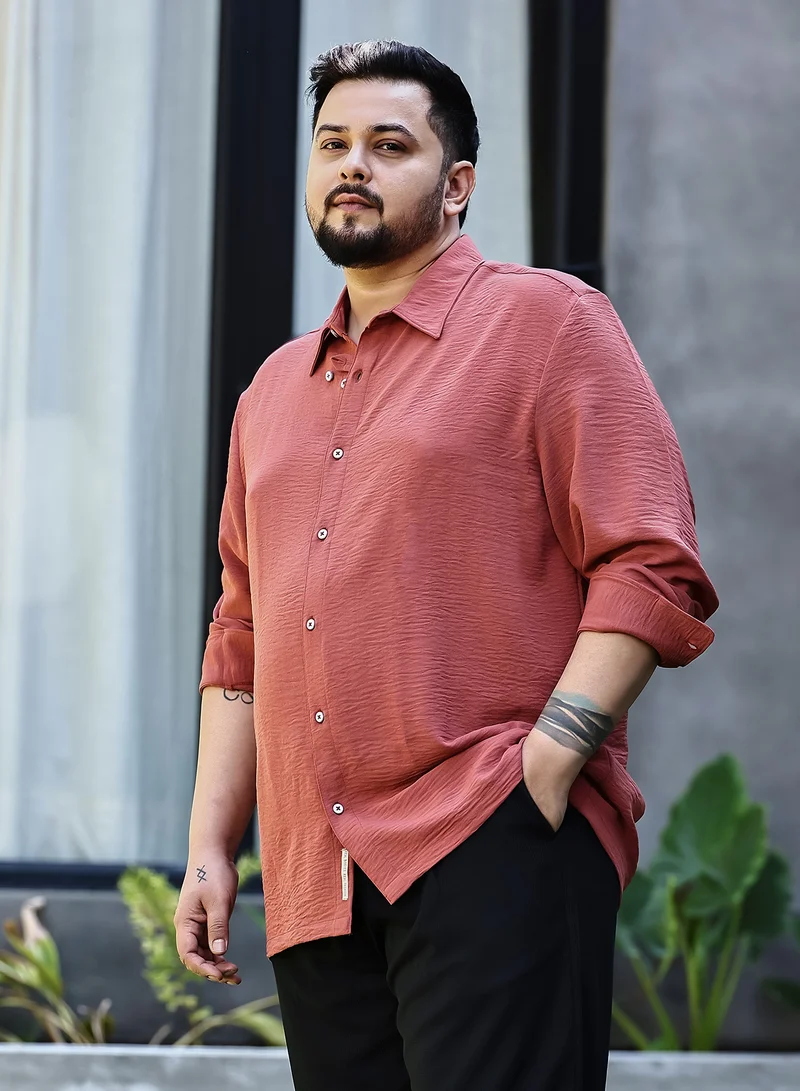 Instafab Plus Instafab Plus Men's Coral Orange Breezy Wrinked Shirt For Casual Wear | Spread Collar | Long Cuffed Sleeves | Button Closure | Plus Size Shirt Crafted With Comfort Fit For Everyday Wear