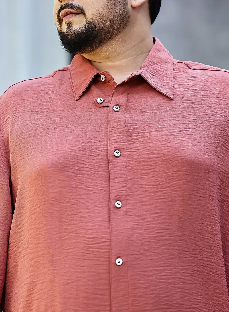 Instafab Plus Instafab Plus Men's Coral Orange Breezy Wrinked Shirt For Casual Wear | Spread Collar | Long Cuffed Sleeves | Button Closure | Plus Size Shirt Crafted With Comfort Fit For Everyday Wear