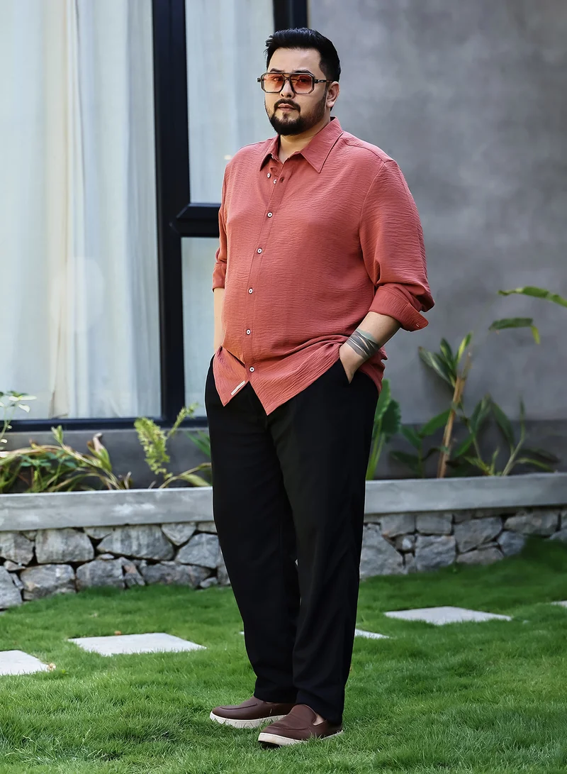 Instafab Plus Instafab Plus Men's Coral Orange Breezy Wrinked Shirt For Casual Wear | Spread Collar | Long Cuffed Sleeves | Button Closure | Plus Size Shirt Crafted With Comfort Fit For Everyday Wear