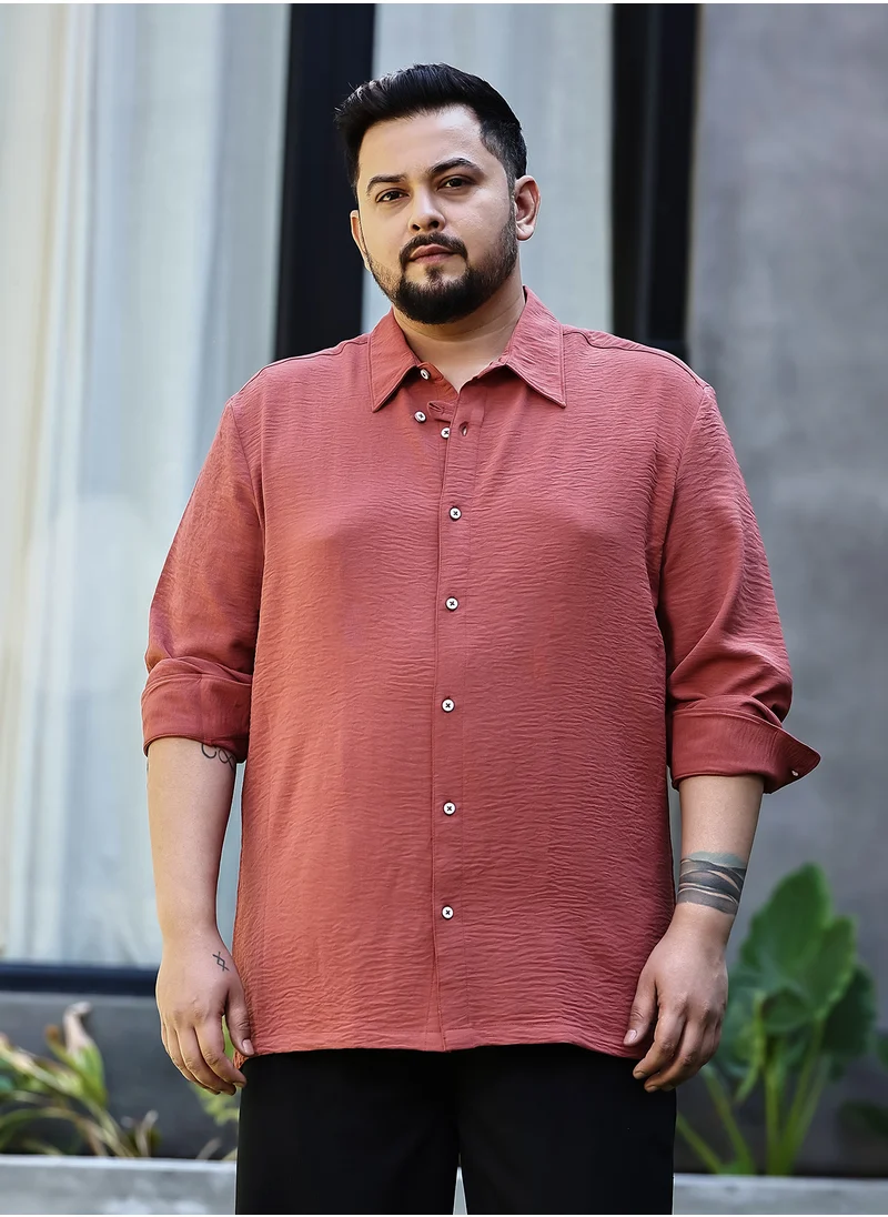 Instafab Plus Instafab Plus Men's Coral Orange Breezy Wrinked Shirt For Casual Wear | Spread Collar | Long Cuffed Sleeves | Button Closure | Plus Size Shirt Crafted With Comfort Fit For Everyday Wear