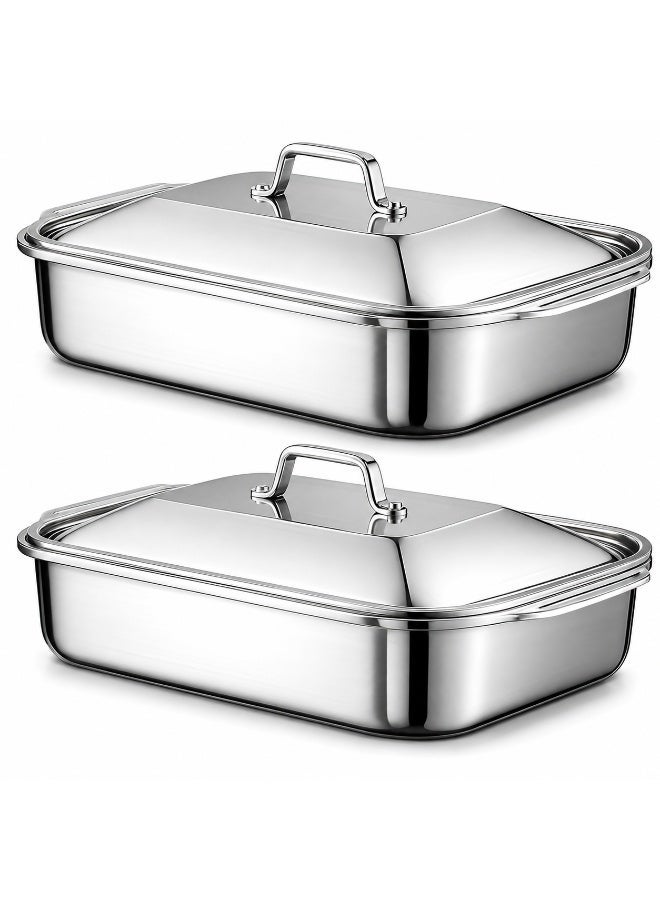 2-Piece Stainless Steel Deep Roasting Pan with Lid, 4.2L Commercial Baking Trays, 41 x 24 x 8 cm Non-Stick Easy-Release Oven Pans with Handles for Roasting Fish, Meat, Chicken and Vegetables - Image 1