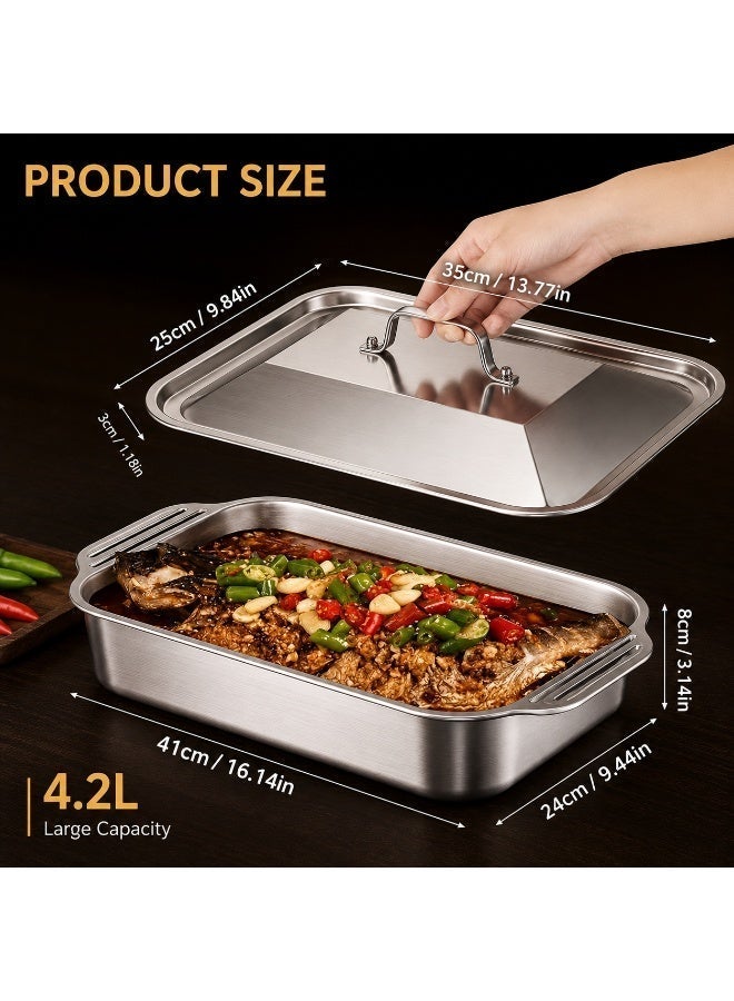 2-Piece Stainless Steel Deep Roasting Pan with Lid, 4.2L Commercial Baking Trays, 41 x 24 x 8 cm Non-Stick Easy-Release Oven Pans with Handles for Roasting Fish, Meat, Chicken and Vegetables - Image 3