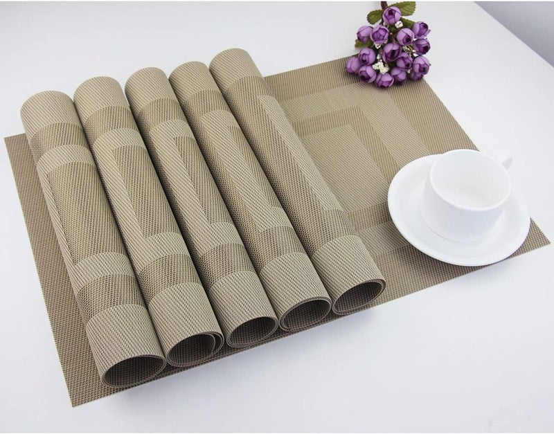 pigchcy Placemats Heat Resistant Non Slip Plastic Table Mats Washable Easy to Clean Woven Vinyl Kitchen Durable Placemats for Dining Table Set of 4 (Beige) - Image 5
