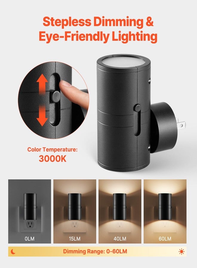 VEVOR LED Night Lights, 0-60LM Adjustable Brightness, Modern Night Lights Plug into Wall, Dusk to Dawn Sensor, 3000K Soft Warm White for Hallway Bathroom Stairway Bedroom, Black, 2 Pack - Image 3