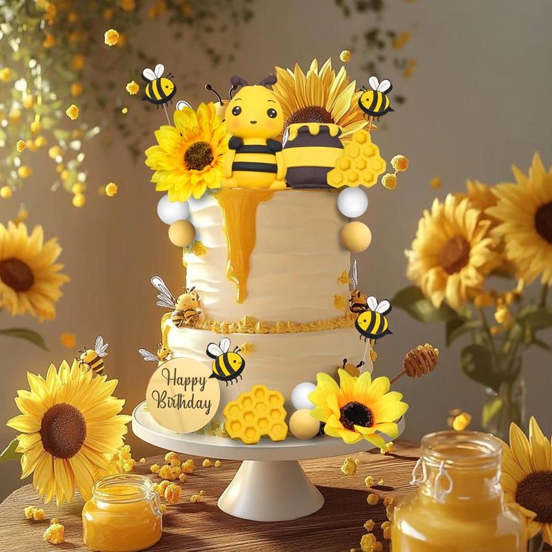 DRWATE 17 PCS Bee Cake Topper Happy bee day Cake Topper Honeycomb Sunflower Cake Decoration for Honeycomb Theme Birthday Party Supplies - Image 4
