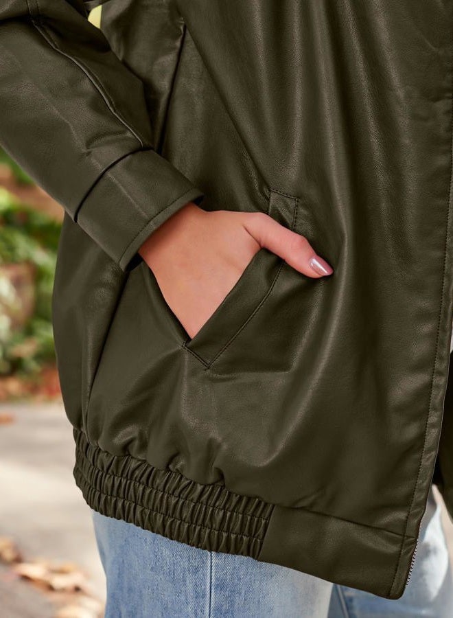 AUTOMET Womens Oversized Leather Jackets Faux Suede Fall Fashion Motorcycle Coats Winter Outfits Clothes Y2k Tops, Armygreen, M - Image 5