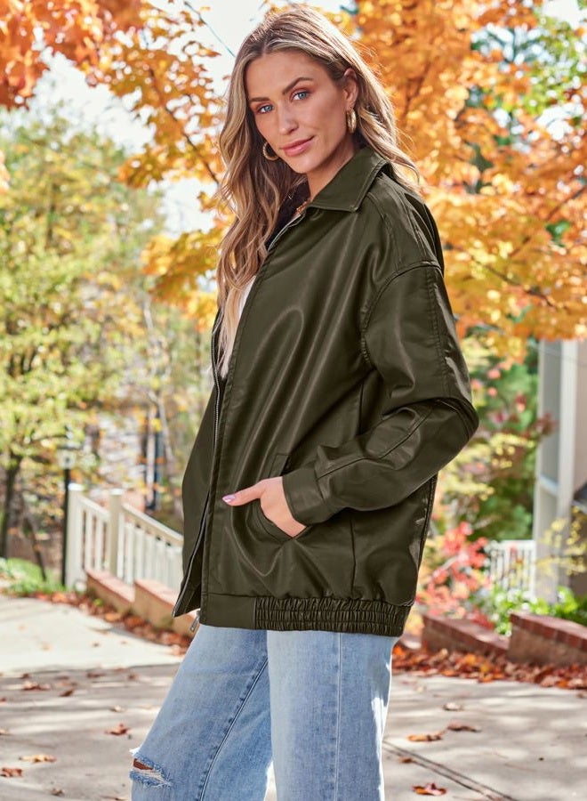 AUTOMET Womens Oversized Leather Jackets Faux Suede Fall Fashion Motorcycle Coats Winter Outfits Clothes Y2k Tops, Armygreen, M - Image 3