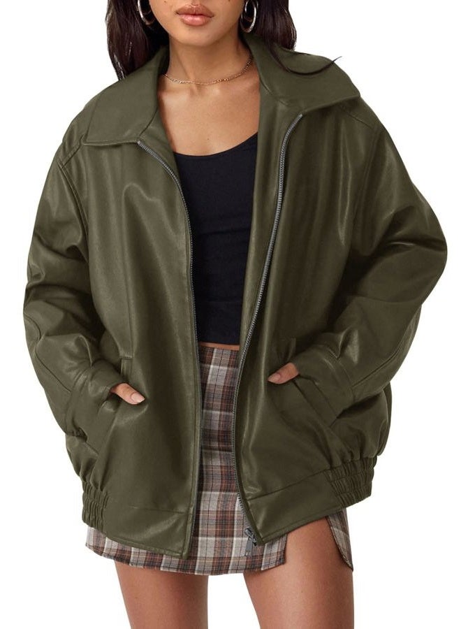 AUTOMET Womens Oversized Leather Jackets Faux Suede Fall Fashion Motorcycle Coats Winter Outfits Clothes Y2k Tops, Armygreen, M - Image 1