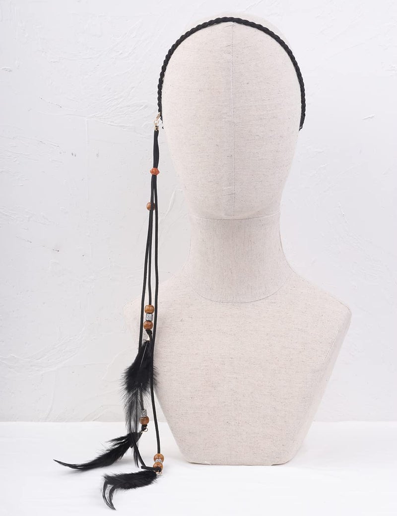 Jumwrit Boho Feather Headband Indian Hippie Gypsy Headpiece Black Feather Tassel Headdress Hemp Rope Beaded Hairband Hair Accessories for Women and Girls Festival Party Decoration - Image 2
