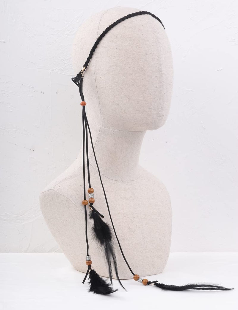 Jumwrit Boho Feather Headband Indian Hippie Gypsy Headpiece Black Feather Tassel Headdress Hemp Rope Beaded Hairband Hair Accessories for Women and Girls Festival Party Decoration - Image 3
