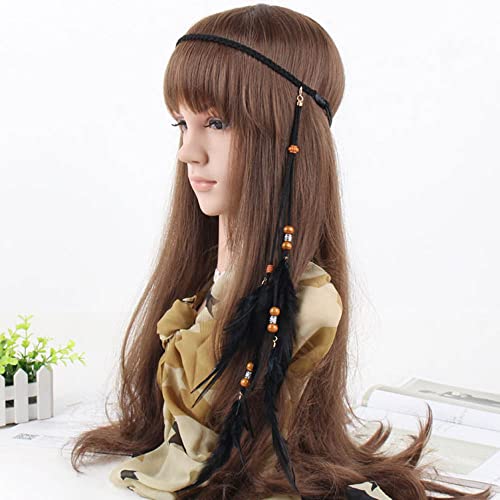 Jumwrit Boho Feather Headband Indian Hippie Gypsy Headpiece Black Feather Tassel Headdress Hemp Rope Beaded Hairband Hair Accessories for Women and Girls Festival Party Decoration - Image 1