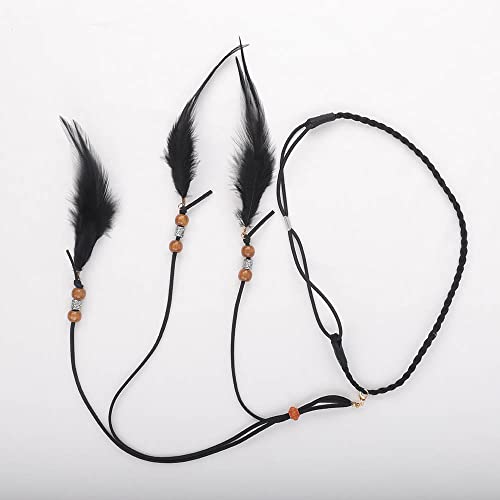 Jumwrit Boho Feather Headband Indian Hippie Gypsy Headpiece Black Feather Tassel Headdress Hemp Rope Beaded Hairband Hair Accessories for Women and Girls Festival Party Decoration - Image 4