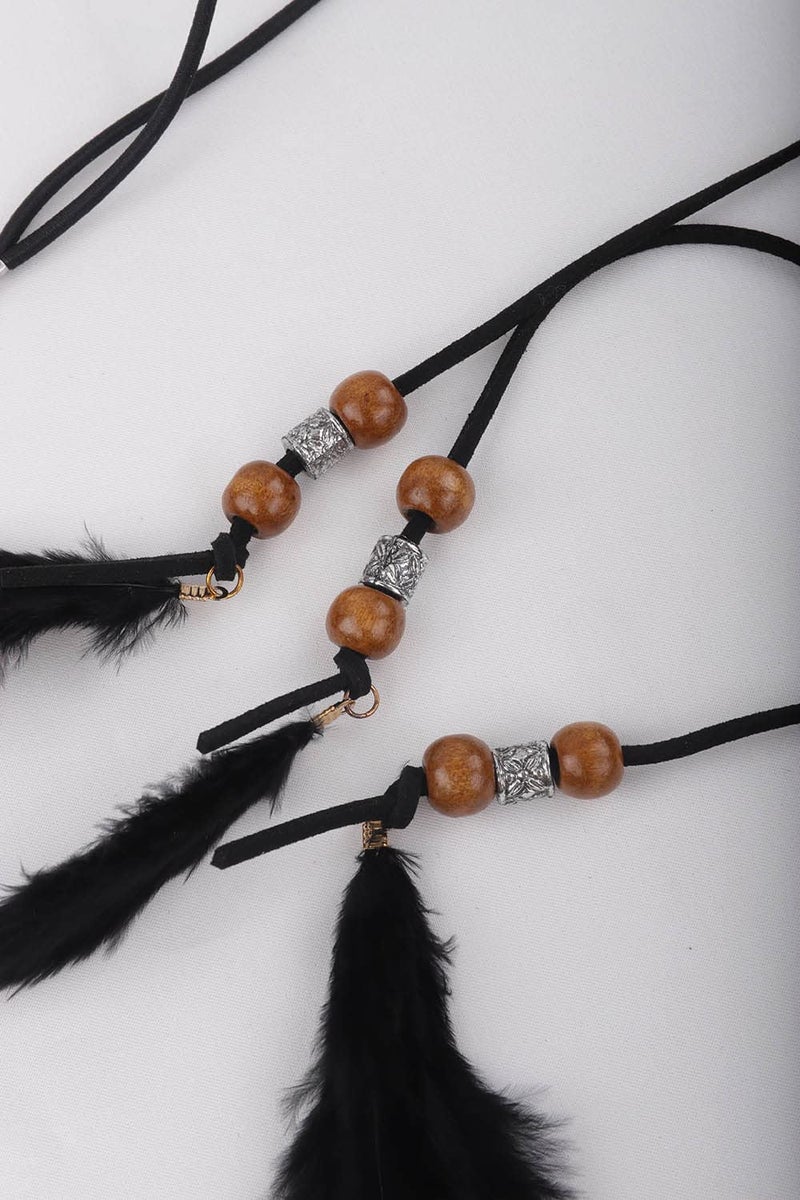 Jumwrit Boho Feather Headband Indian Hippie Gypsy Headpiece Black Feather Tassel Headdress Hemp Rope Beaded Hairband Hair Accessories for Women and Girls Festival Party Decoration - Image 5