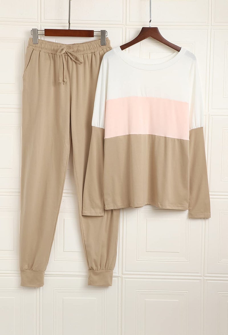Fixmatti Women Color Block Sweatsuits Pant and Shirt Set Leisure Wear Lounge Suit Khaki 2XL - Image 4
