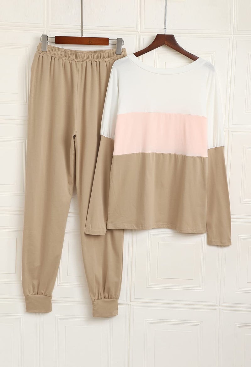 Fixmatti Women Color Block Sweatsuits Pant and Shirt Set Leisure Wear Lounge Suit Khaki 2XL - Image 5