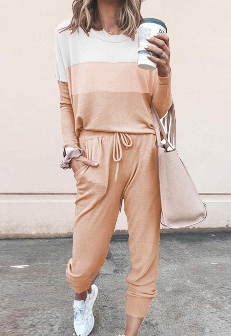 Fixmatti Women Color Block Sweatsuits Pant and Shirt Set Leisure Wear Lounge Suit Khaki 2XL - Image 2