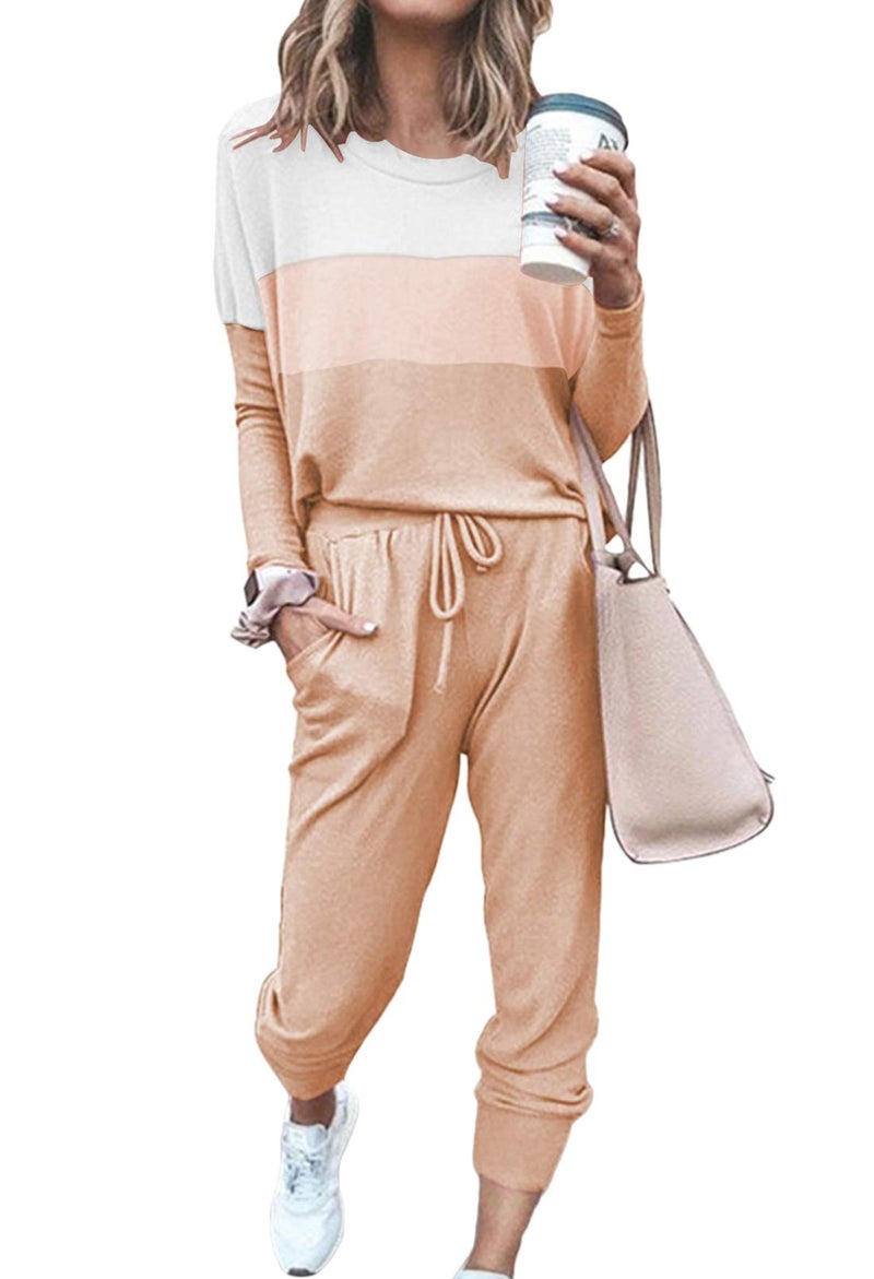 Fixmatti Women Color Block Sweatsuits Pant and Shirt Set Leisure Wear Lounge Suit Khaki 2XL - Image 1