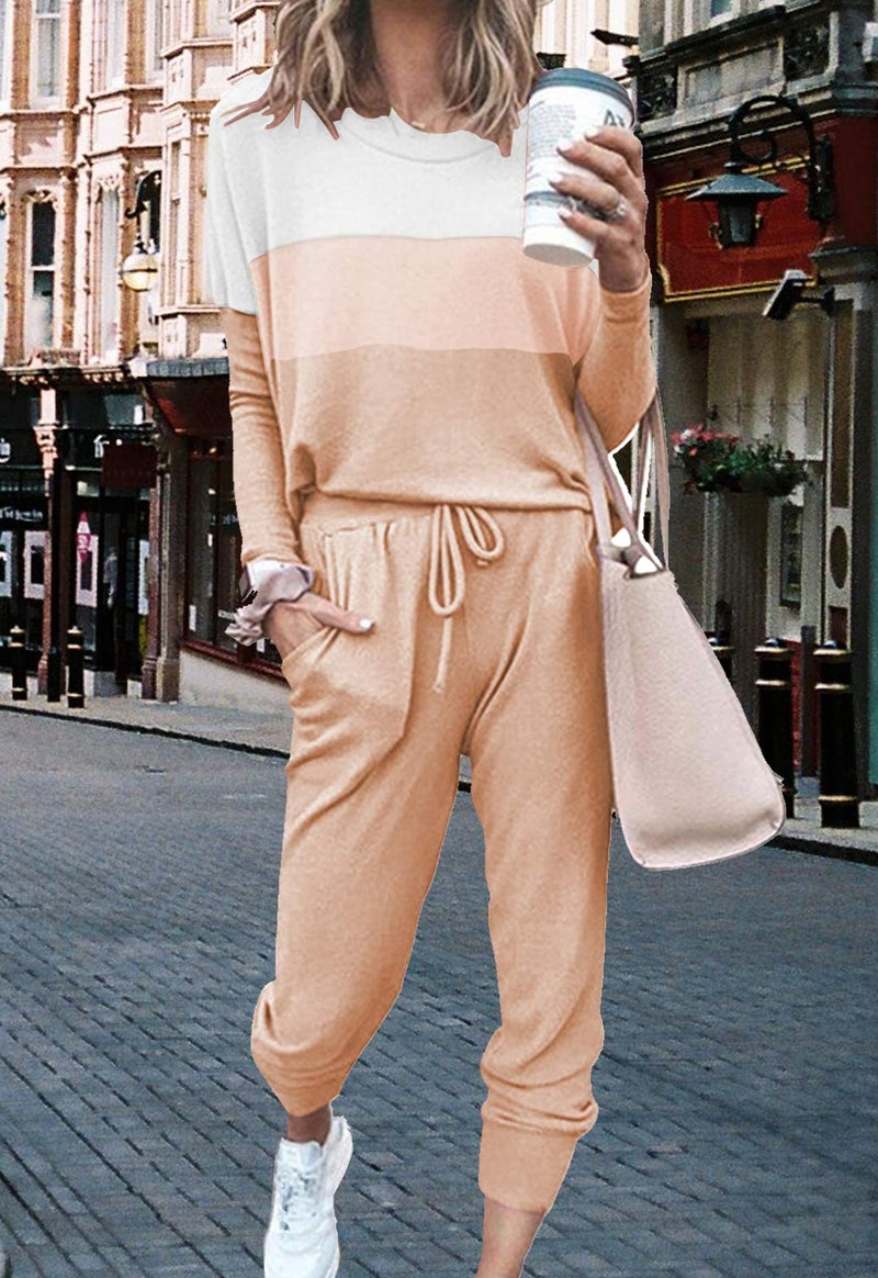 Fixmatti Women Color Block Sweatsuits Pant and Shirt Set Leisure Wear Lounge Suit Khaki 2XL - Image 3
