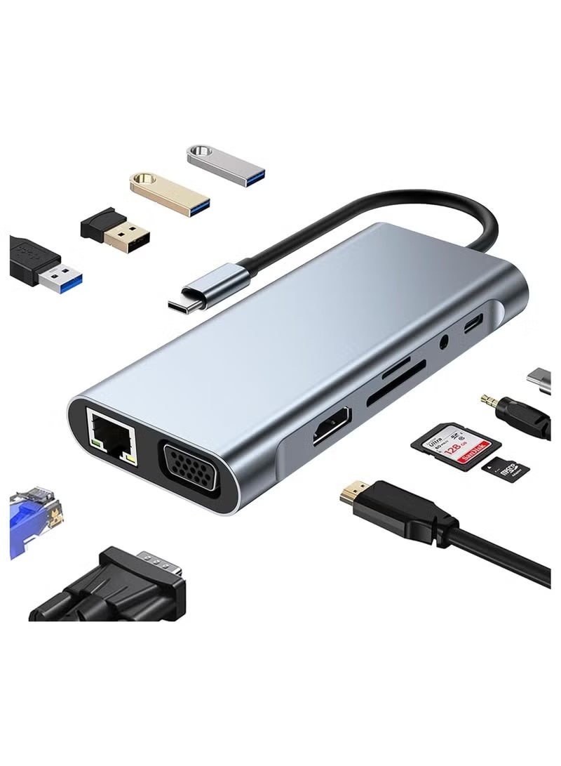 ZONBON USB C HUB, USB C Adapter 11 in 1 Dongle with 4K HDMI, VGA, Type C PD, USB3.0, RJ45 Ethernet, SD/TF Card Reader, 3.5mm AUX, Docking Station Compatible with MacBook Pro/Air, Other Type C Laptops - Image 1
