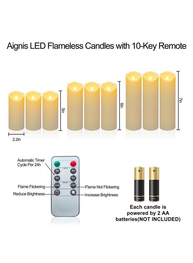 Aignis 9pcs Flameless LED Candles Battery Operated with 10-Key Remote & Timer, Indoor Heat Resistant, 3D Wick with Warm Flickering Glow for Cozy Home/Wedding/Holiday Décor (D 2.2" x H 5"/6"/7") - Image 2