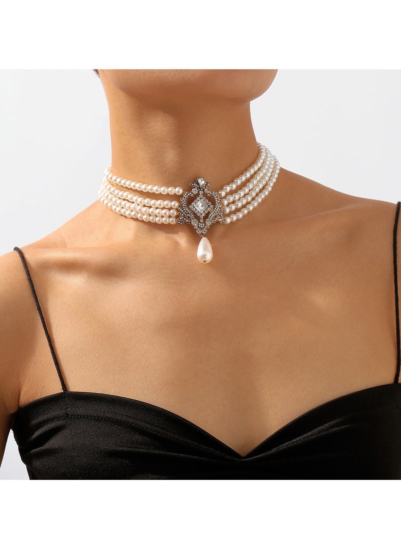 KUYING Vintage Pearl Studded Diamond Necklace 