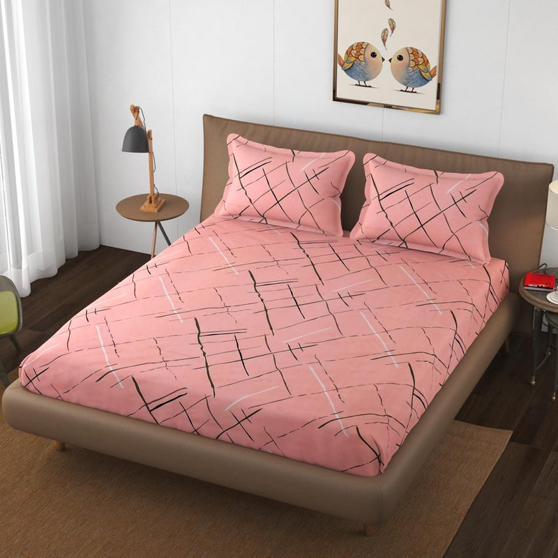 BLUSH & BLOOM Super Soft Cotton Feel All Round Elastic Fitted Double Bedsheet with 2 Pillow Covers- 72 x 78 x 8 Inches, 182 cm x 198 cm x 20 cm-Pink - Image 1