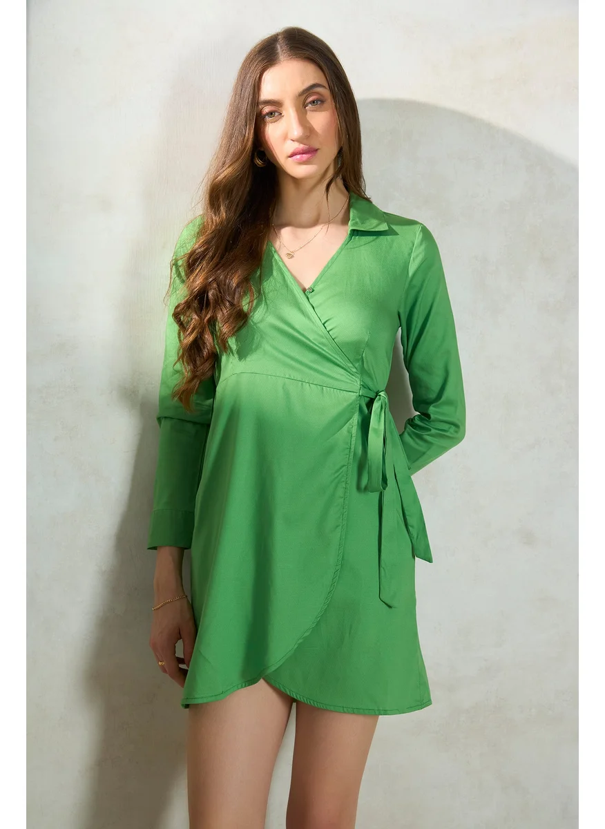 Virgio Virgio Shirt Collar Cuffed Sleeves Cotton Wrap Mini Dress