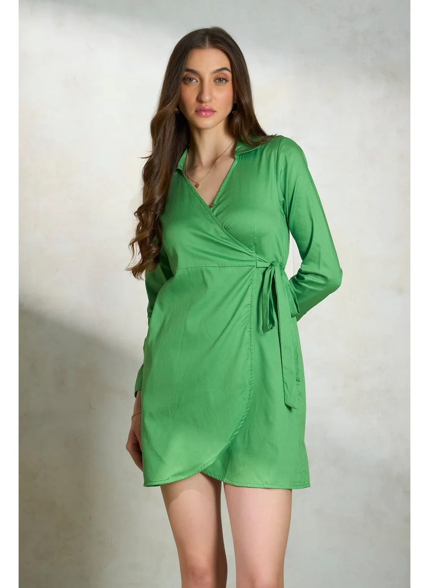 Virgio Virgio Shirt Collar Cuffed Sleeves Cotton Wrap Mini Dress