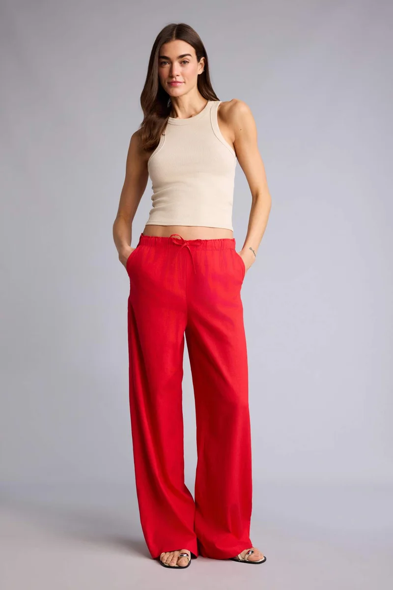 ديفاكتو Wide Leg Double Pocket Linen Blended Trousers