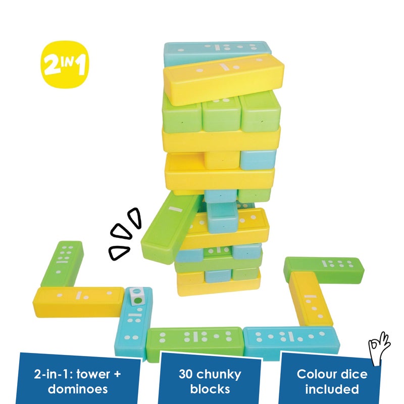 alldoro 2in1 XXL Tower and Domino Set | 30 Blocks 20x4.4x6.3cm | Stacks to 43cm | Color Dice Included | Indoor Outdoor Game for Kids Age 2+ - Image 2