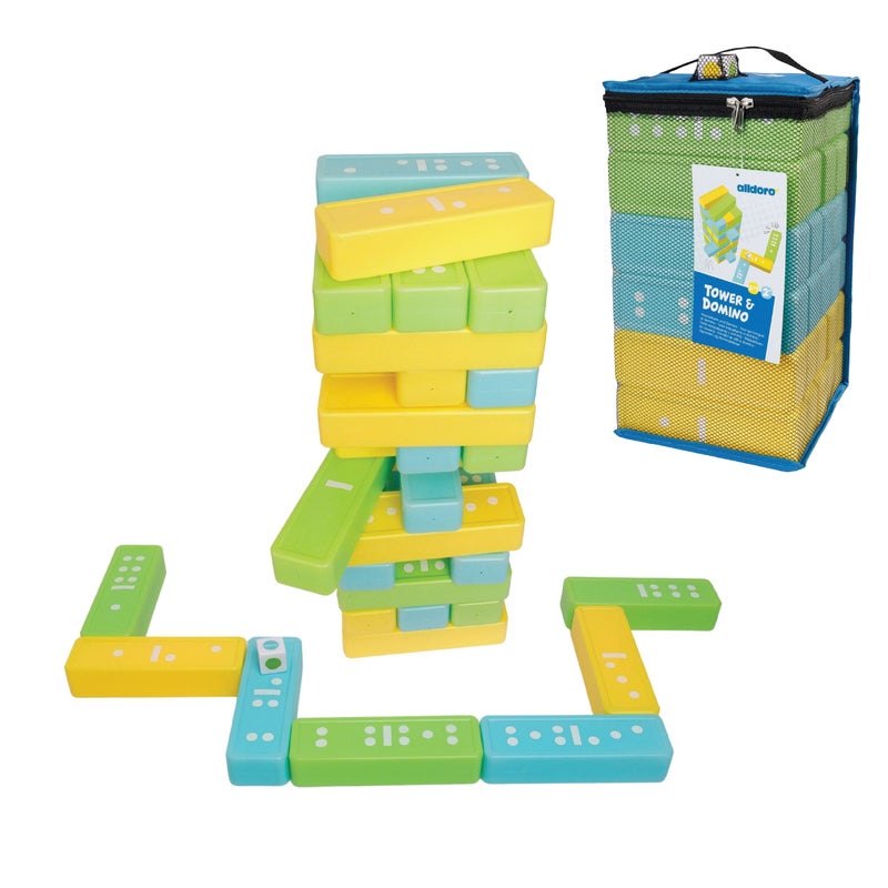 alldoro 2in1 XXL Tower and Domino Set | 30 Blocks 20x4.4x6.3cm | Stacks to 43cm | Color Dice Included | Indoor Outdoor Game for Kids Age 2+ - Image 1