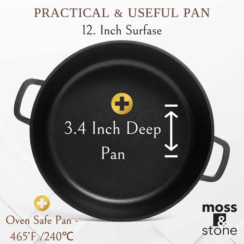 Moss & Stone 12 Inch Nonstick Large Skillet with Lid, 5 Quart Deep Saute Pan, Dishwasher & Oven Safe, Double Handled Frying Pan With Lid, PFOA Free Induction Compatible Cookware - Image 3