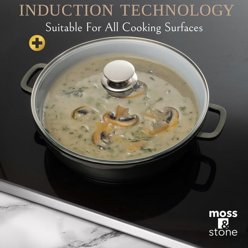 Moss & Stone 12 Inch Nonstick Large Skillet with Lid, 5 Quart Deep Saute Pan, Dishwasher & Oven Safe, Double Handled Frying Pan With Lid, PFOA Free Induction Compatible Cookware - Image 2