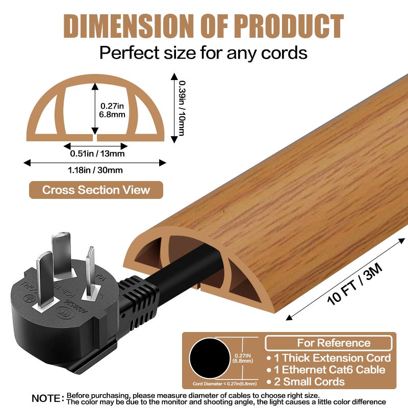 DBHXXMB-HH Floor Cord Cover Self Adhesive Cord Hider,10FT Cable Management, Extension Strip Protector for Wires, Prevent Cable Trips for Offices, Gyms, Exhibitions Cavity:0.39"(W) x 0.27"(H) Brown Wood - Image 2