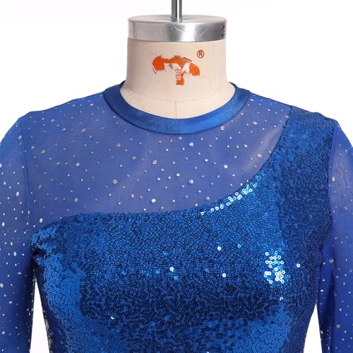 AFAVOM Sequin Figure Skating Dress for Women Girls Long Sleeve Mesh Rhinestone Ice Skating Dress Asymmetrical Chiffon Skirt Shiny Ballet Lyrical Costume for Competition Performance Royal Blue XS - Image 5