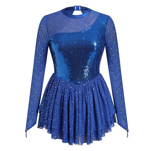 AFAVOM Sequin Figure Skating Dress for Women Girls Long Sleeve Mesh Rhinestone Ice Skating Dress Asymmetrical Chiffon Skirt Shiny Ballet Lyrical Costume for Competition Performance Royal Blue XS - Image 3