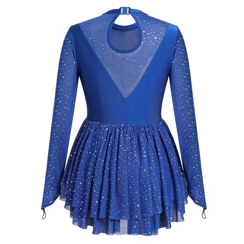 AFAVOM Sequin Figure Skating Dress for Women Girls Long Sleeve Mesh Rhinestone Ice Skating Dress Asymmetrical Chiffon Skirt Shiny Ballet Lyrical Costume for Competition Performance Royal Blue XS - Image 4