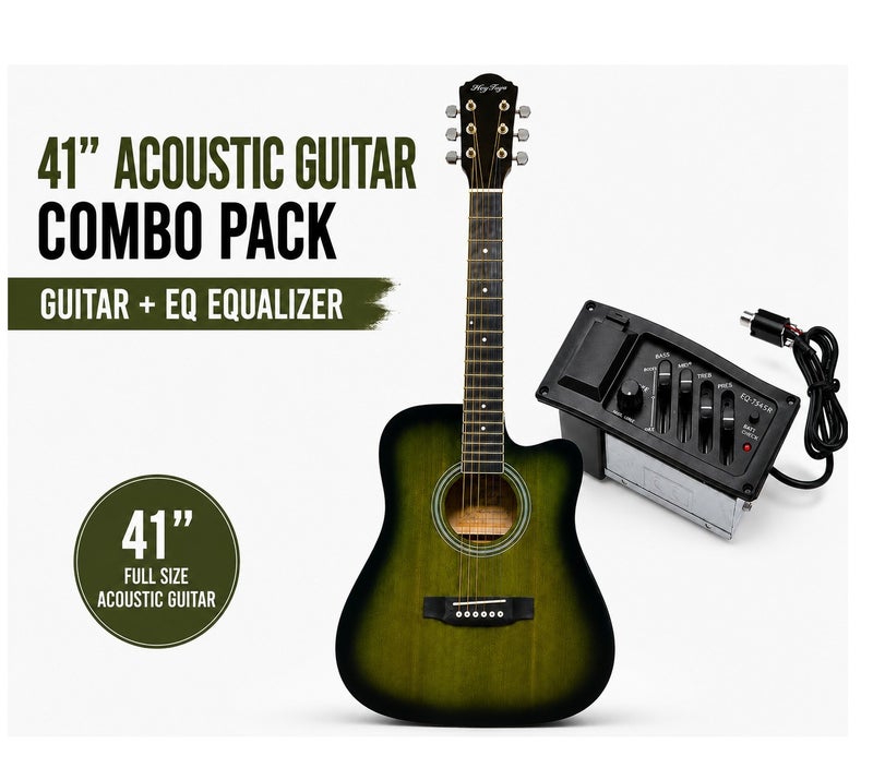 جيتار شبه أكوستيك مقاس 41 بوصة بلون Tobacco Green Sunburst مع معادل صوت (EQ) مدمج | جيتار أكوستيك كهربائي كامل الحجم بأوتار فولاذية | جيتار احترافي بتصميم Cutaway للمبتدئين والبالغين والطلاب والموسيقيين | صوت غني ورنان